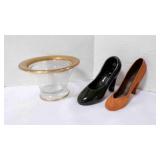 Vintage Gold-Rimmed Bowl & Tiny Shoe Figurines