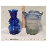 2 glass vases, blue and blue & green fade