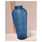 Vintage blue glass jar w/peacock design, 11" tall