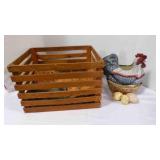 Ceramic Rooster w/3 Eggs Nesting in a Wood Crate