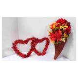 Red Tinsel Hearts & Floral Cornucopia Decorations