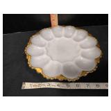 White glass egg dish, 12 holders, gold-rimmed,