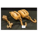 Antique Wood Pulleys - 2, 1 metal pulley