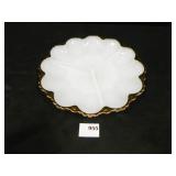 Milk Glass Divided Dish w/gold trim, 9¾" diam