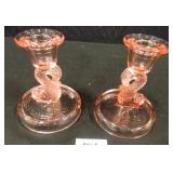 Pink Glass Candlesticks w/fish design, 4½" h
