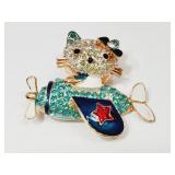 Crystal Cat in Airplane Brooch New
