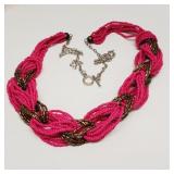Hot Pink & Bronze Glass Beaded Sweather Necklace