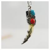 Horn Shaped Turquoise & Red Agate Stone Pendant