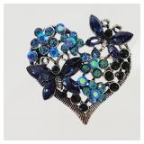 Blue Crystal Heart Brooch