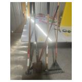 Yard tools rake shovel 2 hoes and broom