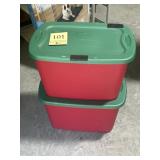Two green and yellow Christmas totes with lids