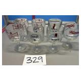 Seven glass beer, mugs, including Budweiser,