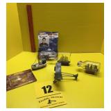 Ships in a bottle, handmade metal airplane, and