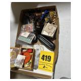 Glasses, sunglasses, old cigar box miscellaneous