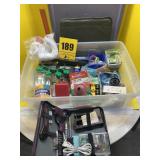 Clear tote with lid full of plum supplies, fast