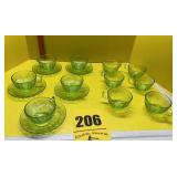 Green depression, cups, and saucers, total of 11