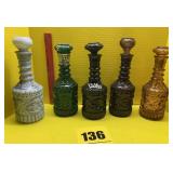 5 vintage whiskey decanters various colors