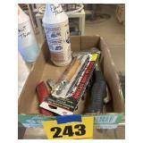 Hatchet, pliers, utility knife, paint thinner