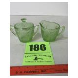 Green glass, depression, creamer, and sugar
