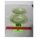 2 green glass, vegetable serving dishes