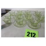 Green uranium glass cups and saucers 8 eight sets