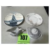 Creamer and sugar, sailboat plate, and other