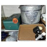 Minnow Bucket, Tackle Box & (2) Fishing Reels