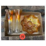 9 Inch Peacock & Grape Marigold Bowl & (2) Vases