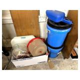Box w/Plasticware & (2) Blue Buckets & Scoop