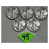 (5) Walking Silver Halves 1942D, 1942S, 1943,... (5) Walking Silver Halves 1942D, 1942S, 1943,...