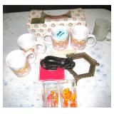 Cast Iron Cat Bank & Glassware