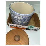 Blue Sponge Crock w/Wood Lid