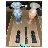 Candle Holders & (3) Stone Figures