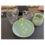 (2) Glass Pitchers, Stoneware Bowl & Pitcher