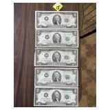 (5) 1976 $2 Bills (1 Has Mauston Post Mark)