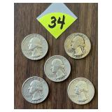 (5) Washington Silver Quarters