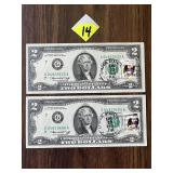 (2) 1976 $2 Bill w/Lyndon Station Cancelled Stamp