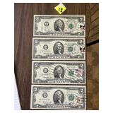 (4) 1976 $2 Bill w/New Lisbon Cancelled Stamp