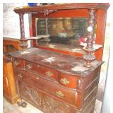 Antique Sideboard w/Mirror (Damaged Leg)