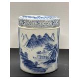 Blue & White Asian Themed Porcelain Canister w/Lid