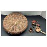 Lidded Basket w/Copper Collectibles/Decorations