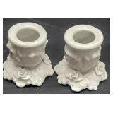 Pr of Fancy Signed Porcelain Candleholders