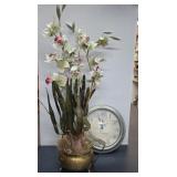 Clock & Lrg Floral Arrangement in Gold Tone