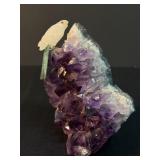 Hand Carved Quartz Parrot Bird on Natural Amethyst