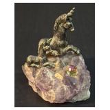 Pewter Unicorn Figurine & Crystal On Amethyst