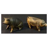 2 Antique Cast Iron Sitting Pig Still Coin Bank