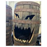 Carved Halloween Themed Wooden Whiskey Barrel