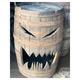 Carved Halloween Themed Wooden Whiskey Barrel
