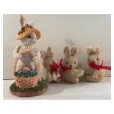 4 Rabbits- 1 Figurine and 3 Ornament Bunnies