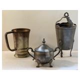 3 Vintage Metal Vessels , Sugar Bowl Etc.